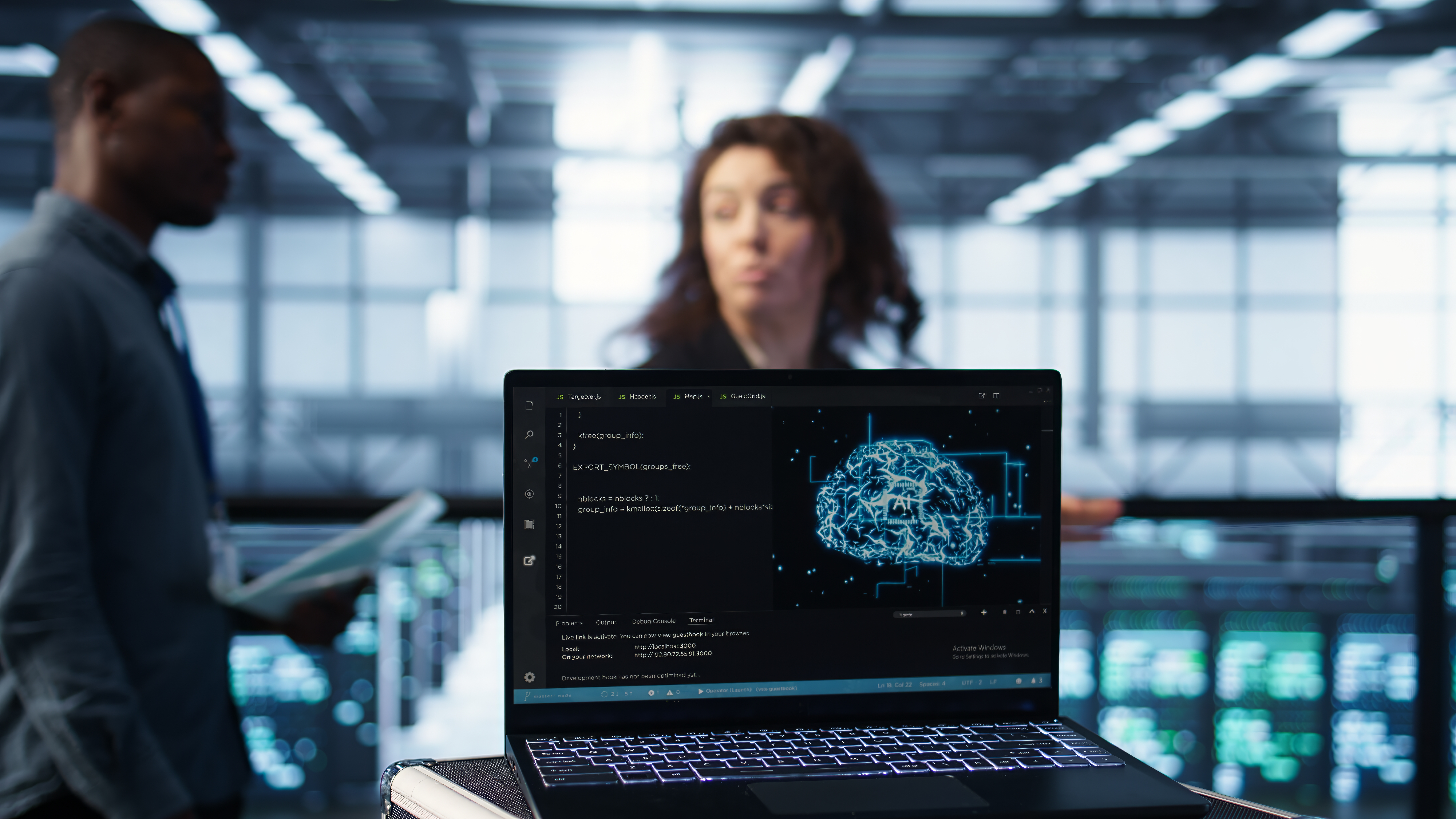 Laptop screen showing an Artificial Intelligence interface in a data center, highlighting innovation in promotional gifts and B2B marketing sustainability.